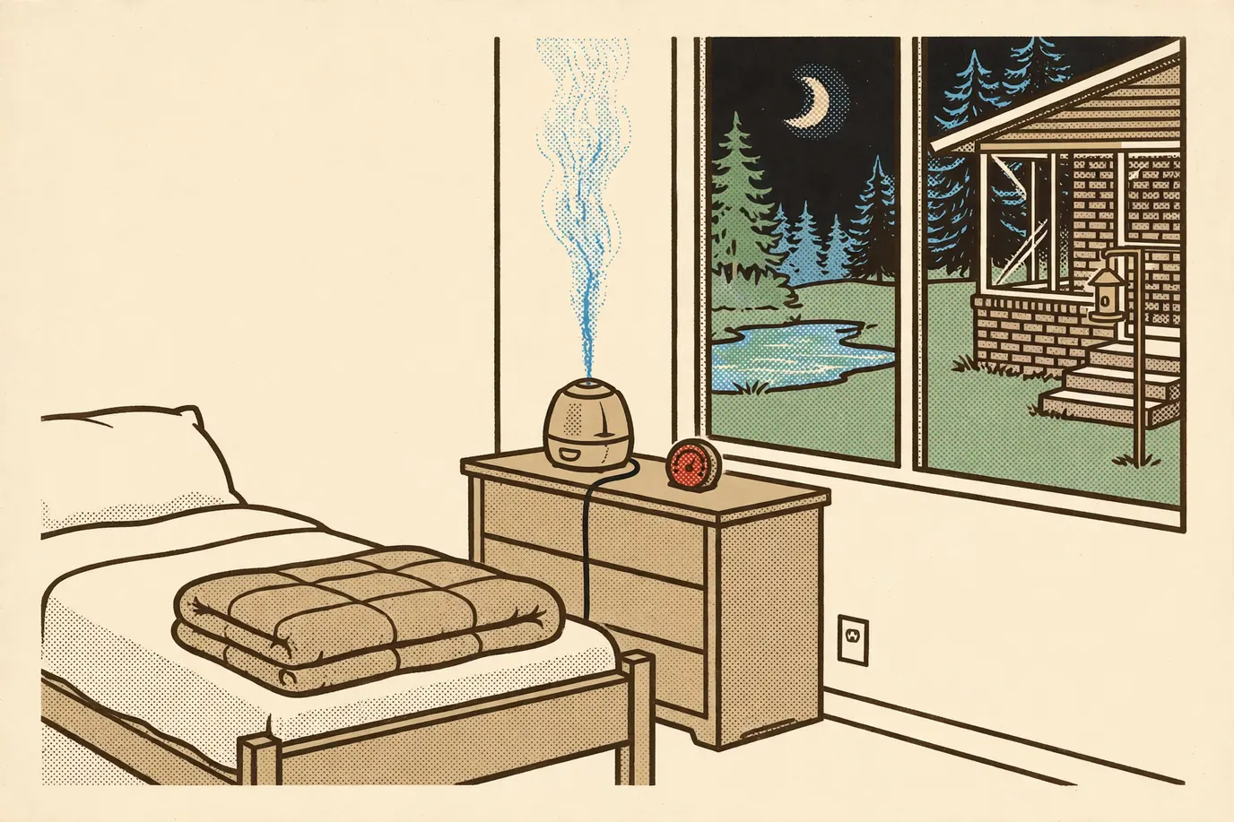 A small humidifier on a dresser across the room from the bed on a winter night, with a humidity gauge beside it