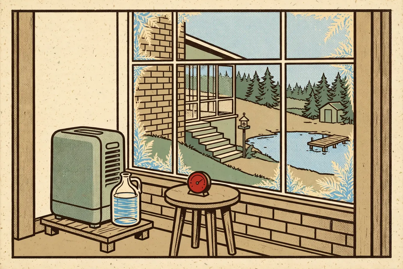 A large floor humidifier in a winter living room, with a humidity gauge on a side table and a frosted window over the pond