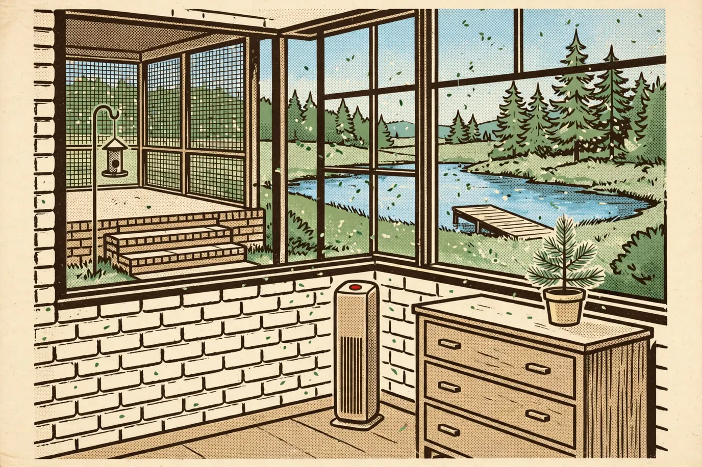 A slim tower air purifier standing on a bedroom floor with clear space around it, a window over the pond behind