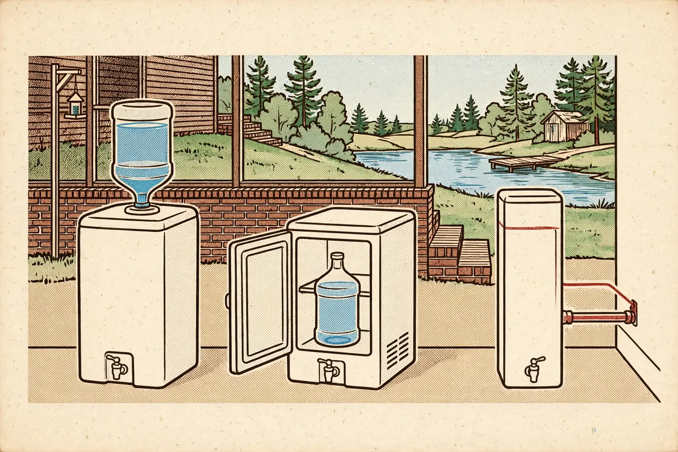 Diagram of a top-load cooler, a bottom-load cooler with the bottle in the base, and a bottleless cooler on a water line