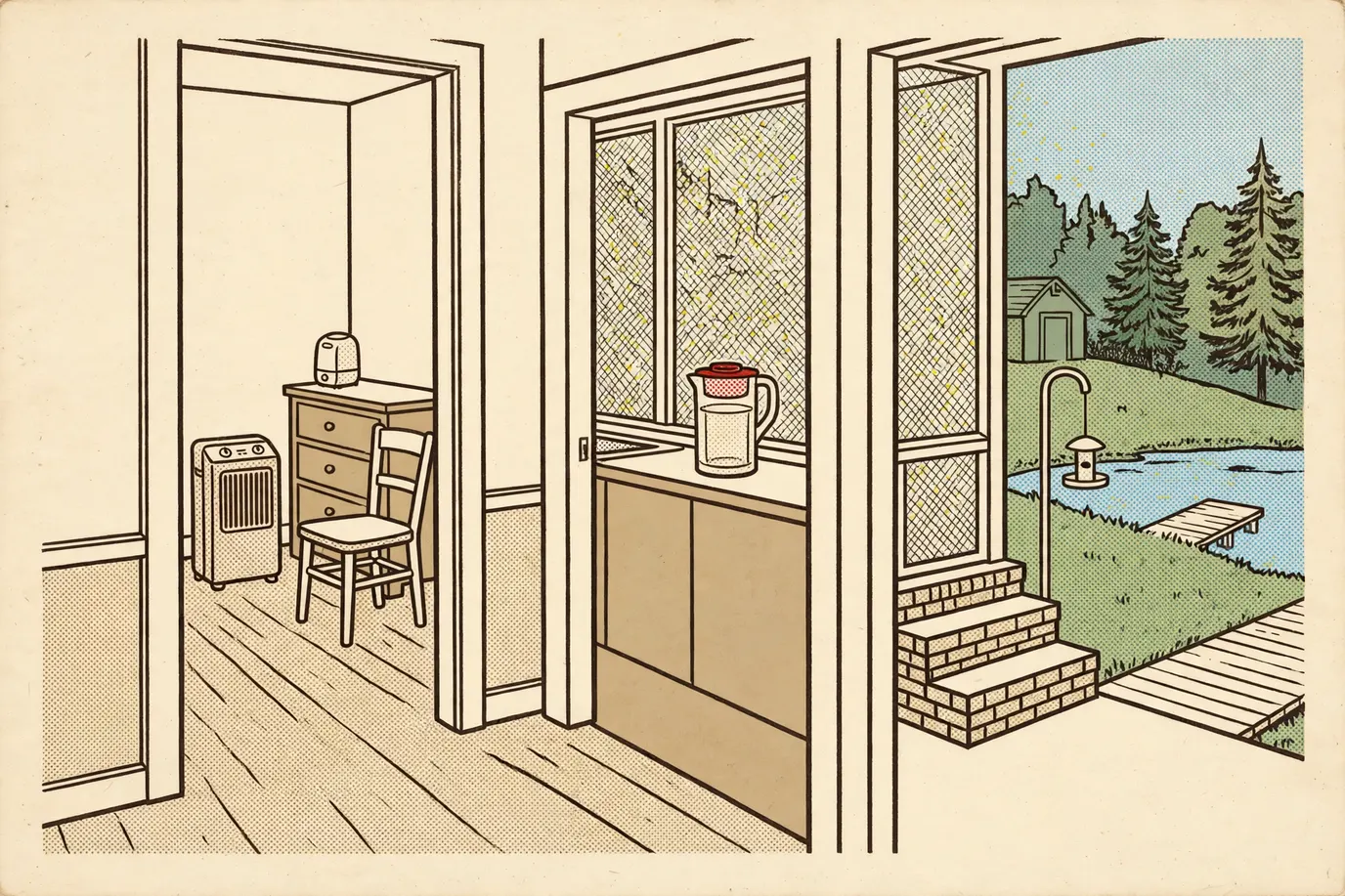 A bedroom corner with a floor air purifier and a small humidifier, and a water filter pitcher on the kitchen counter beyond