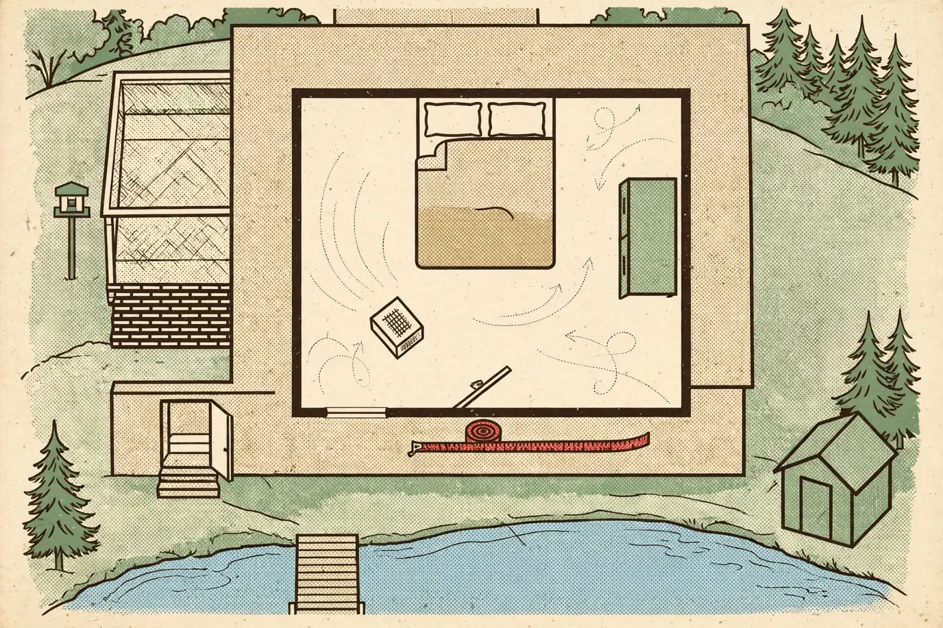 Overhead plan of a bedroom with an air purifier in open floor space and a tape measure along one wall