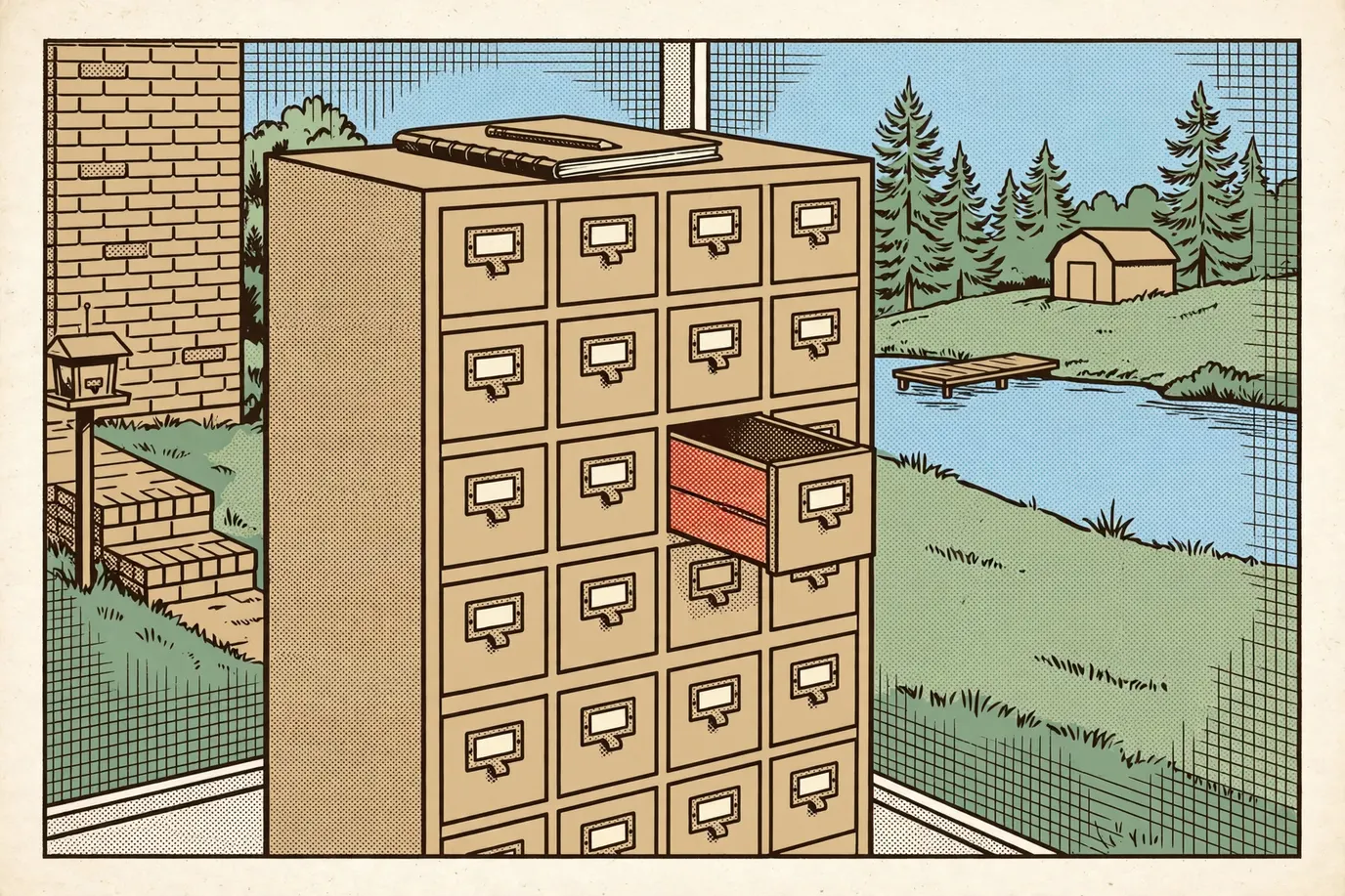 A wooden card catalog cabinet with blank drawer labels on a screened porch, one drawer pulled half open
