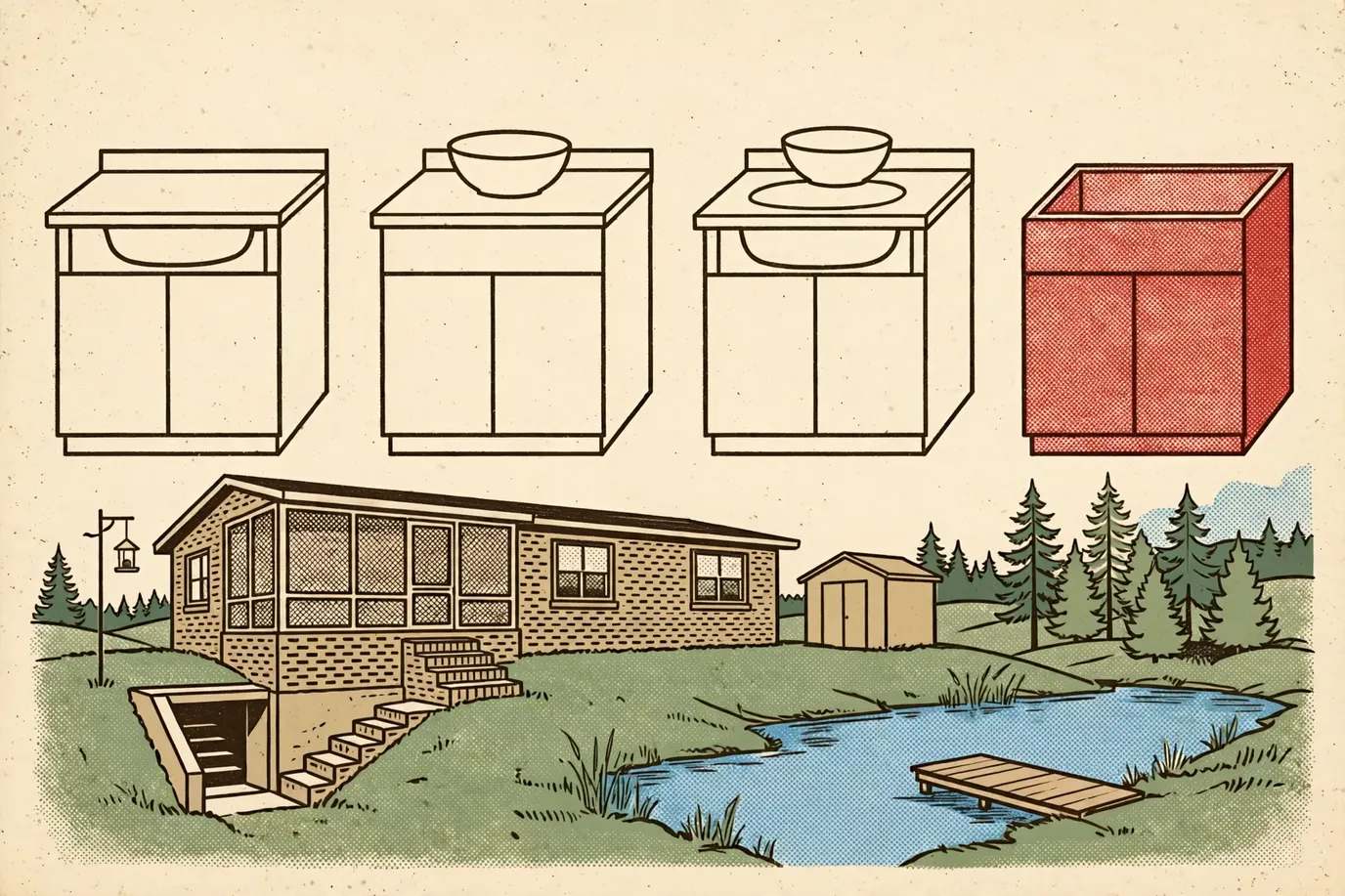 Diagram of four vanity options: undermount sink, vessel sink, integrated sink and a base cabinet with no top