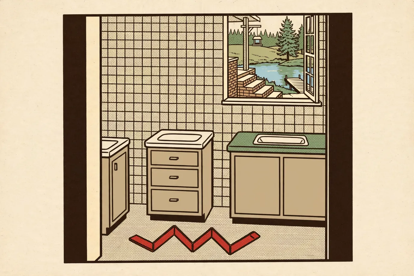 Three bathroom vanities of different widths lined up along a tiled wall, with a folding rule on the floor