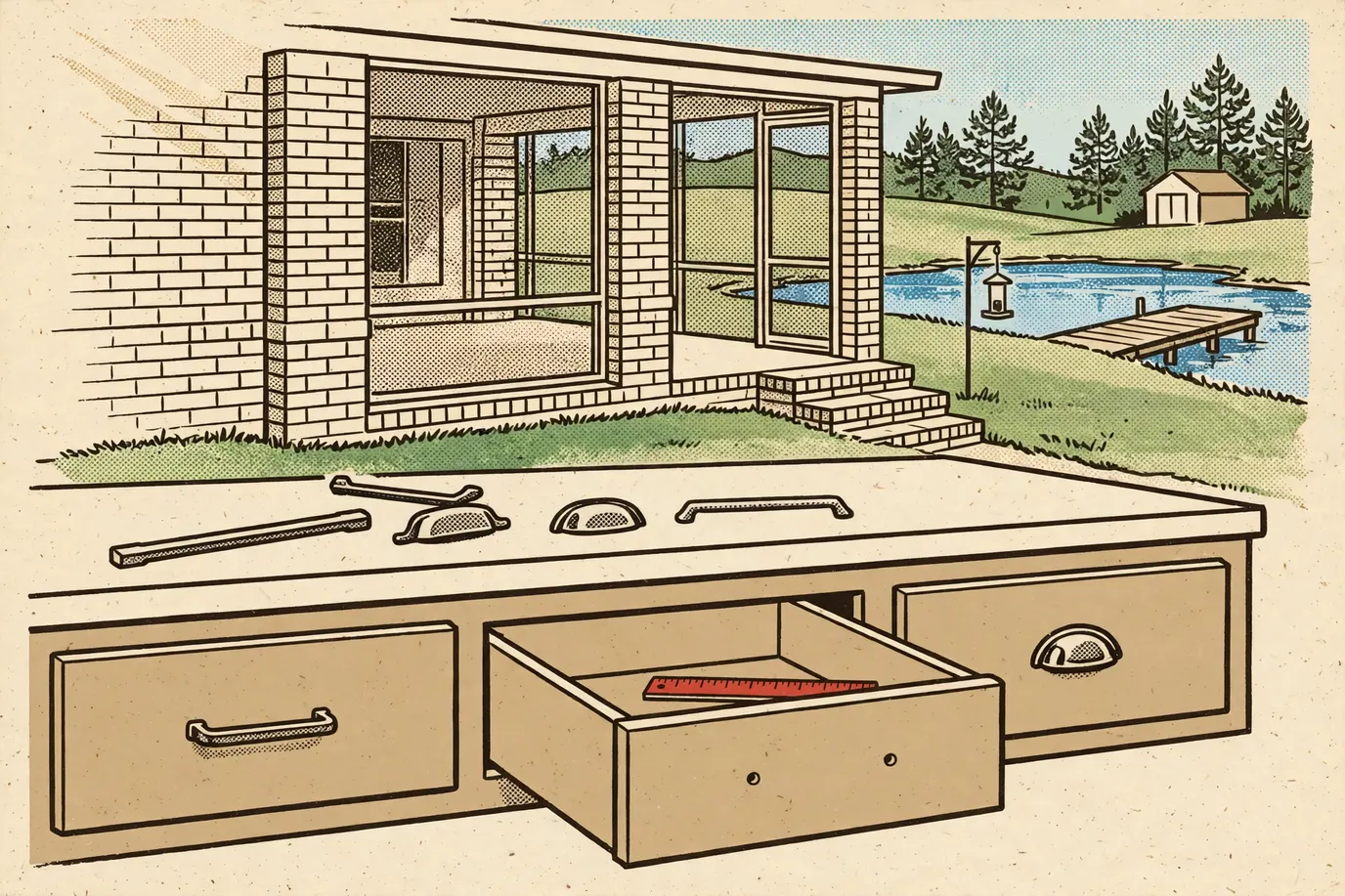 Kitchen drawers with sample cabinet pulls laid out on the counter and a ruler across two screw holes