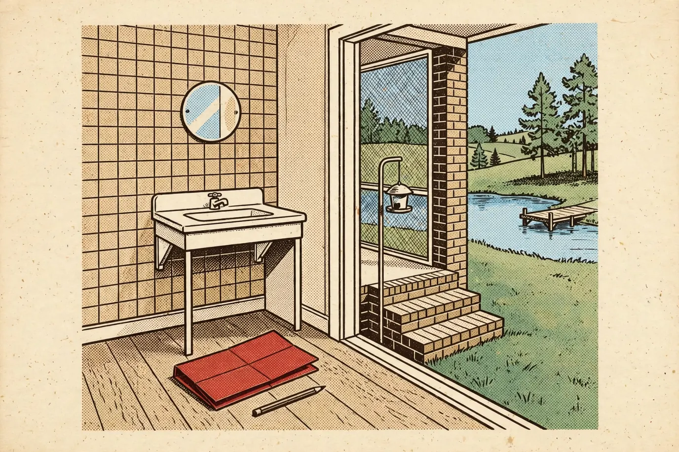 A narrow wall-mounted vanity in a small half bath, with a cardboard template and pencil on the floor