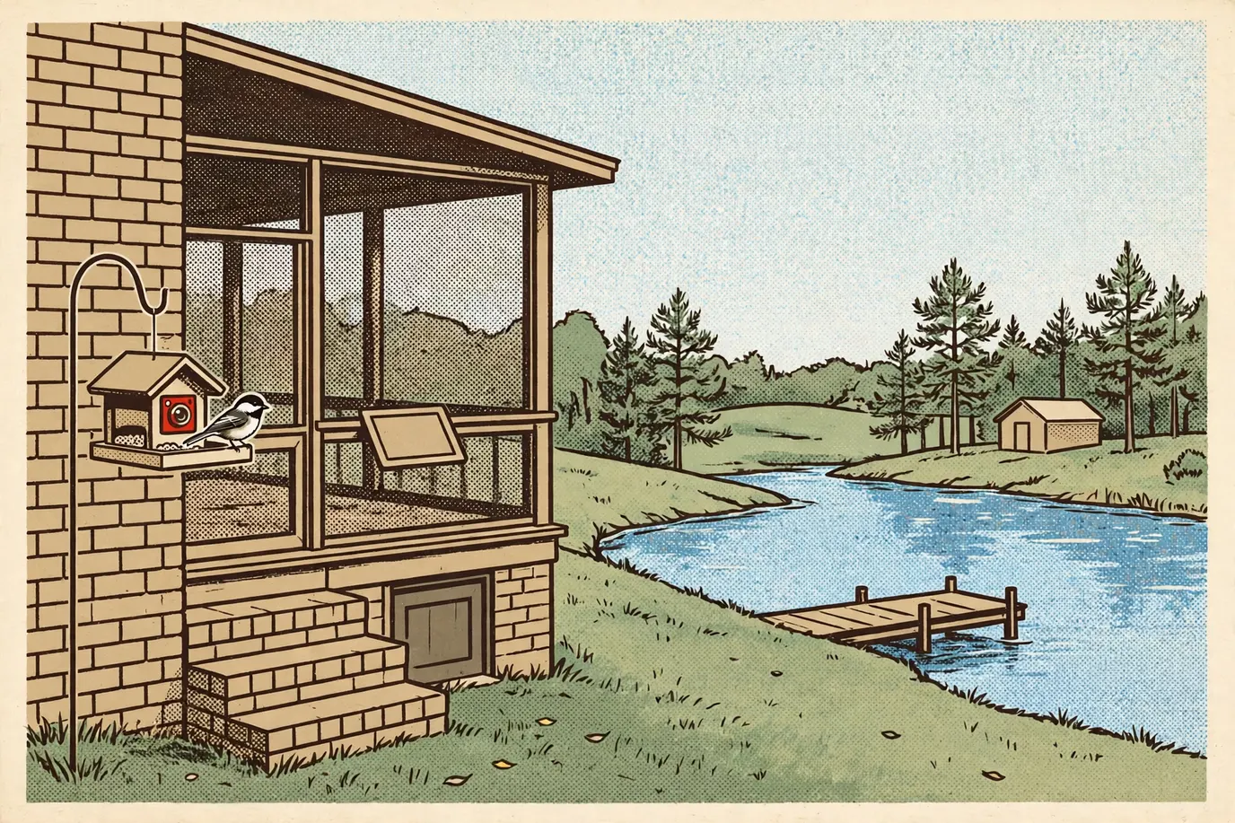 A camera bird feeder with a chickadee on its ledge, hanging close beside a brick porch above a farm pond