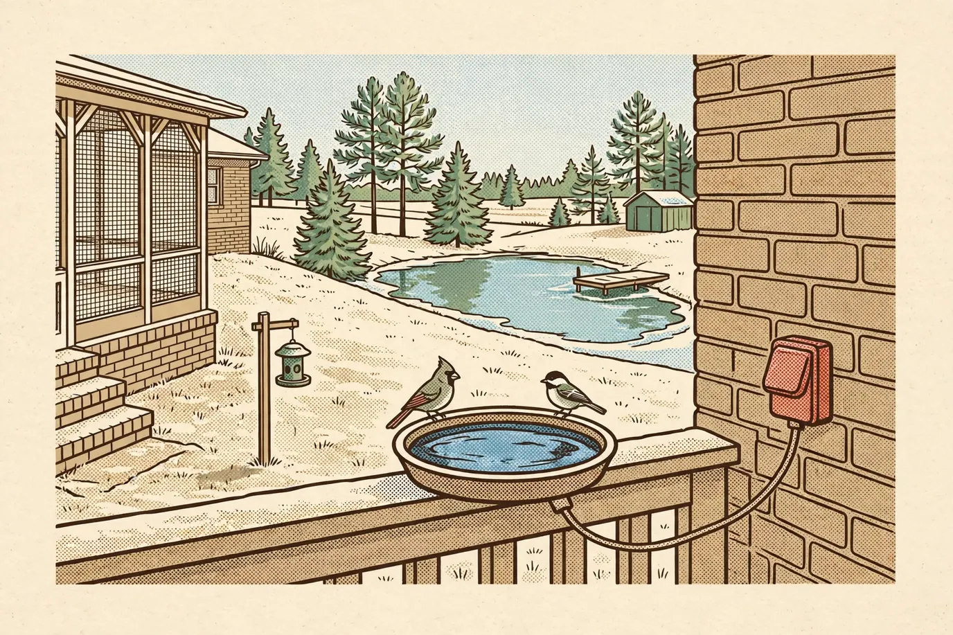 A heated bird bath on a snowy porch railing with open water, two songbirds on the rim and its cord running to a covered outdoor outlet