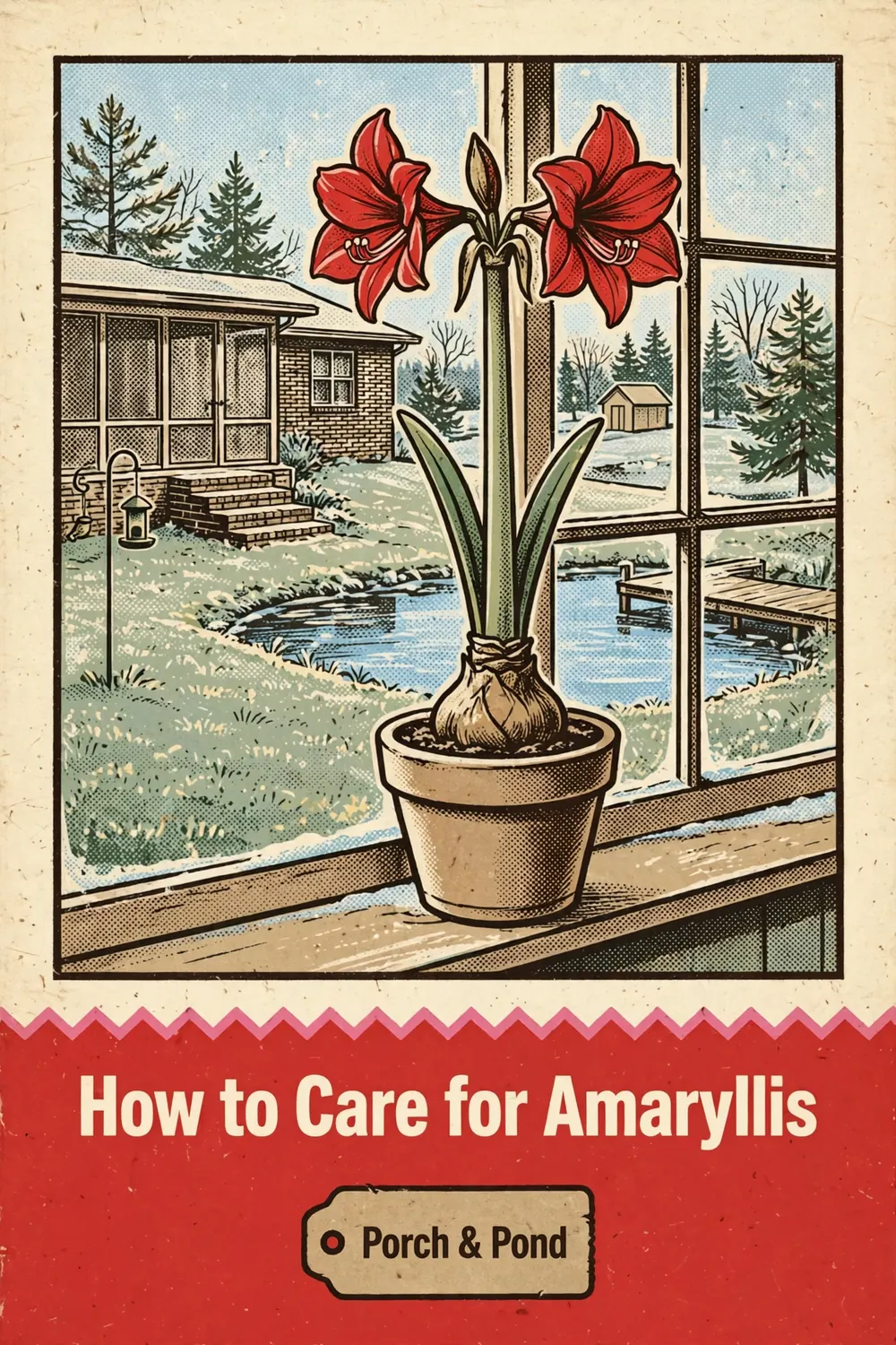 Pinterest pin: a red amaryllis on a winter windowsill, with the headline How to Care for Amaryllis