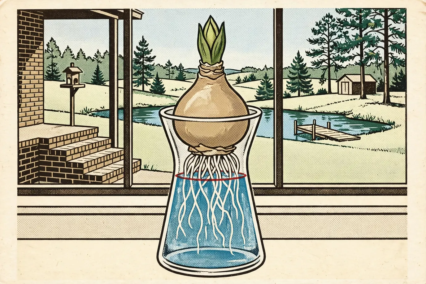 An amaryllis bulb in a clear forcing vase with roots in the water and the bulb base kept dry