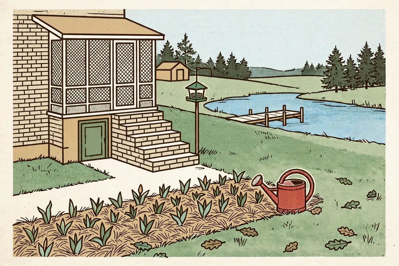 A newly planted tulip bed covered with pine straw beside brick porch steps in late fall