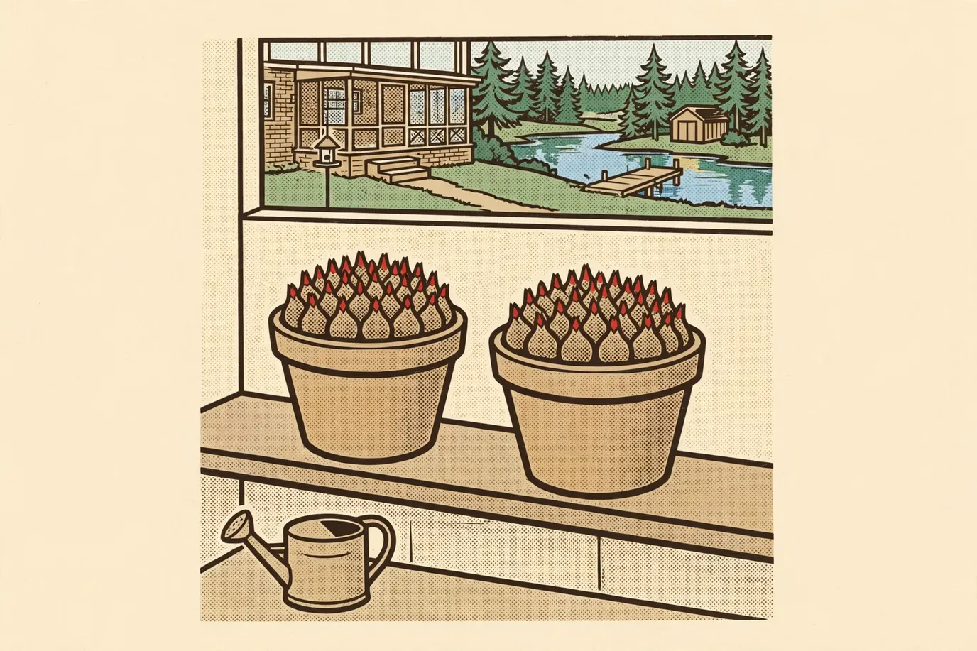 Terracotta pots packed with tulip bulbs, tips showing, chilling on a cool basement shelf