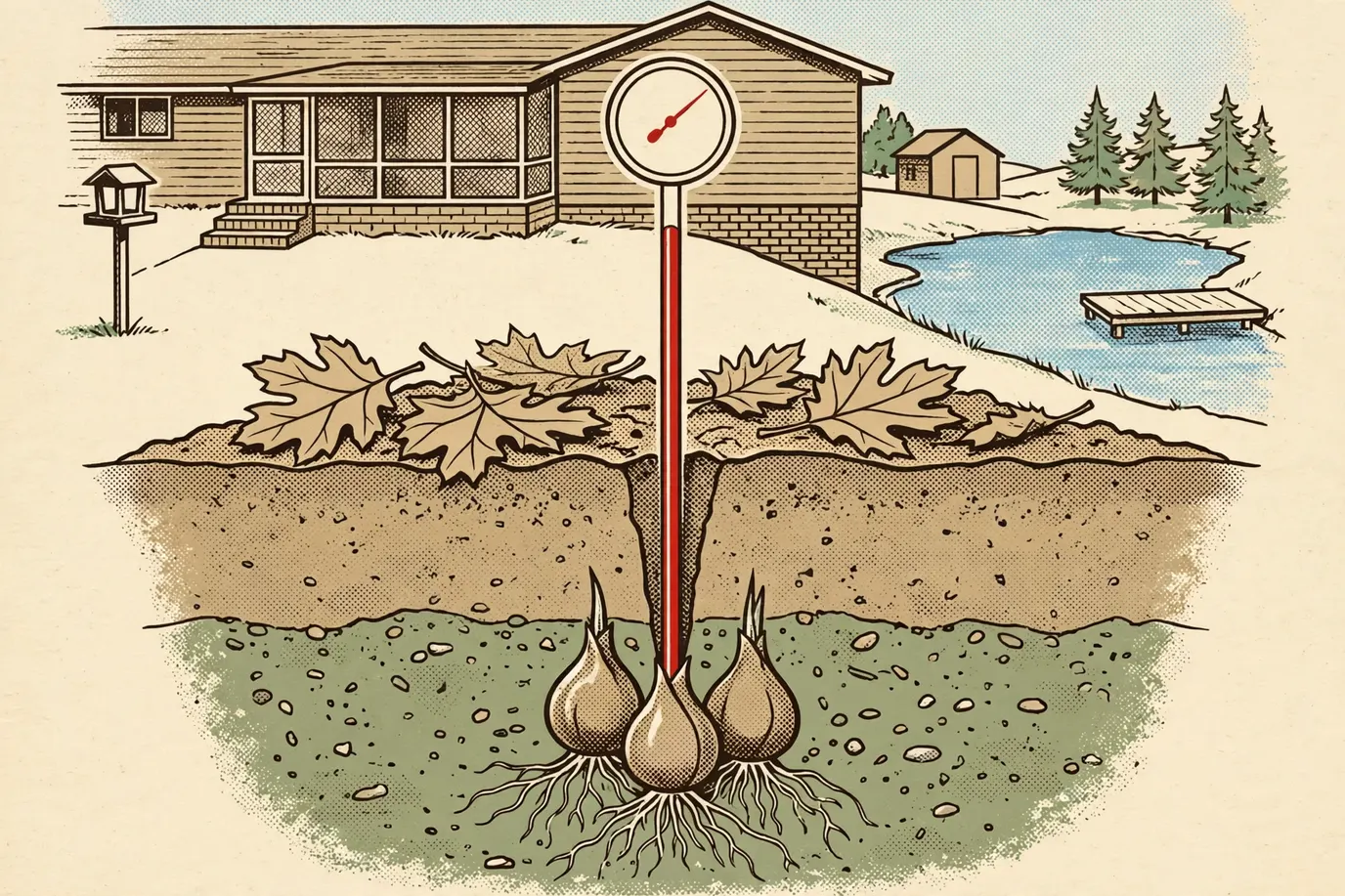 Cross-section of a flower bed with a soil thermometer reaching down to the depth of planted tulip bulbs