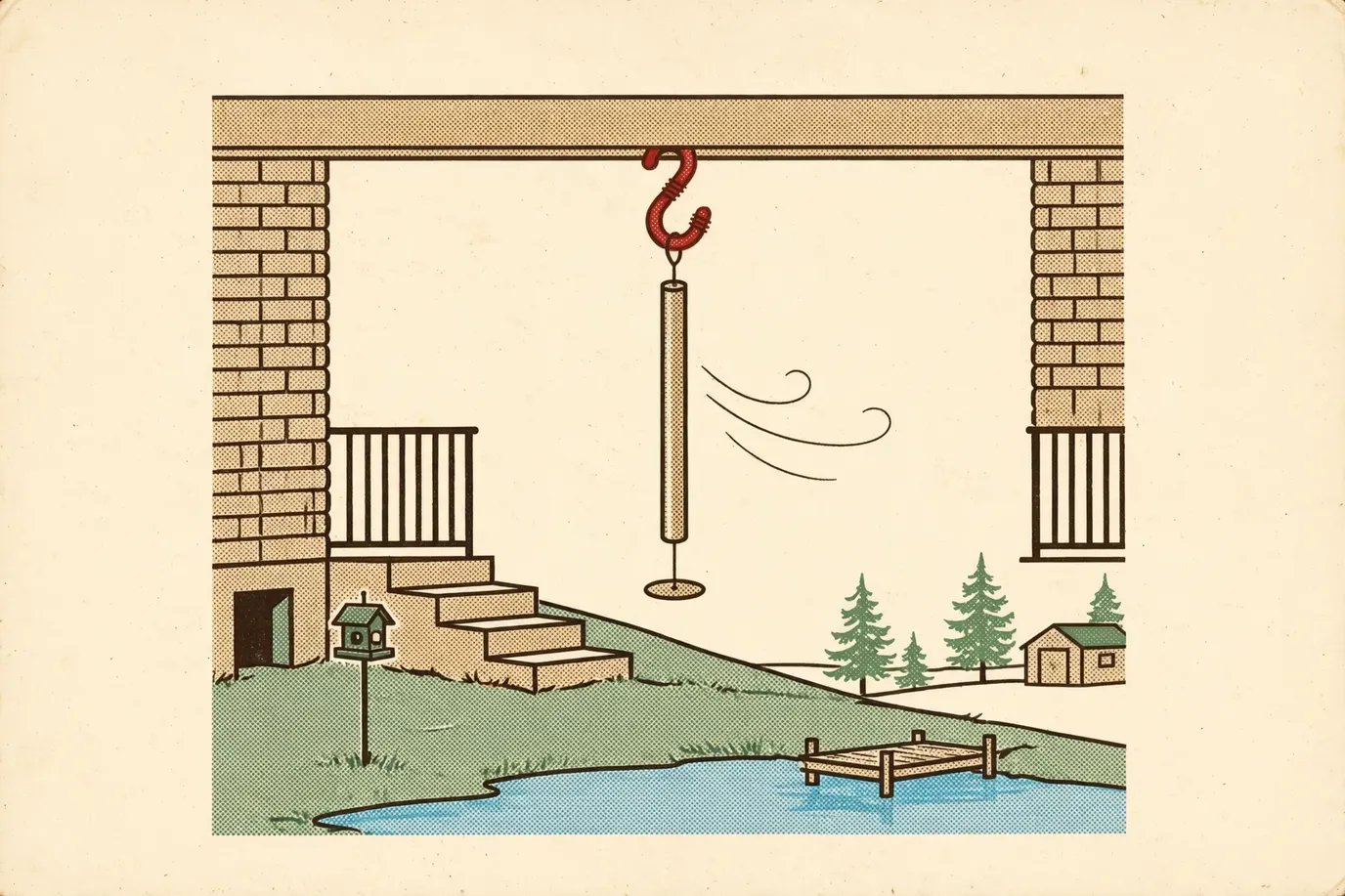 Diagram of a wind chime on a sturdy hook under a porch beam with clear space around it