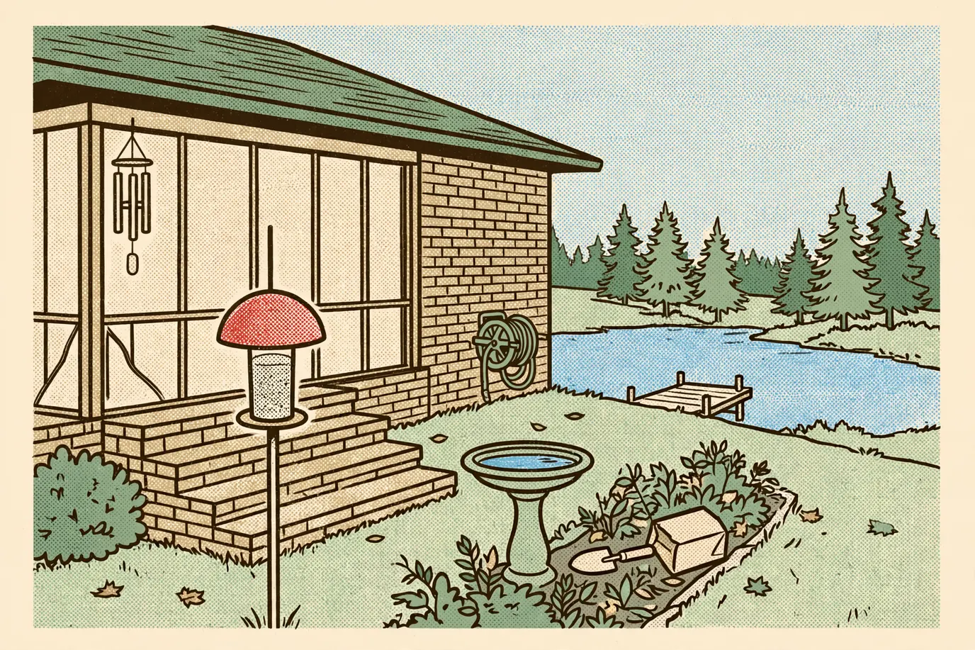A garden beside porch steps with a feeder pole and baffle, a bird bath, a wind chime, a bed of bulbs and a hose reel