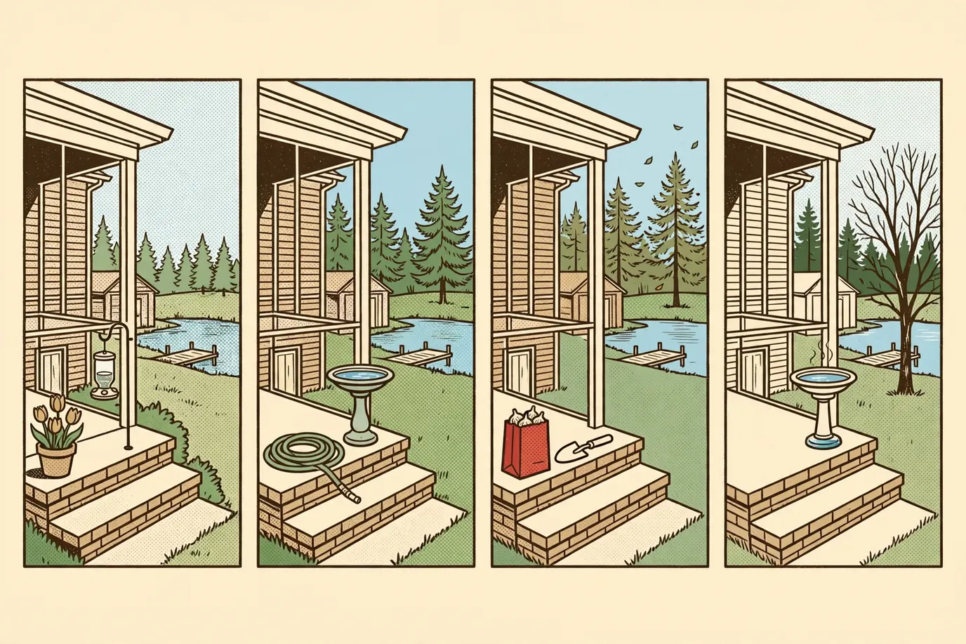 Four small scenes of the same porch steps through spring, summer, autumn and winter