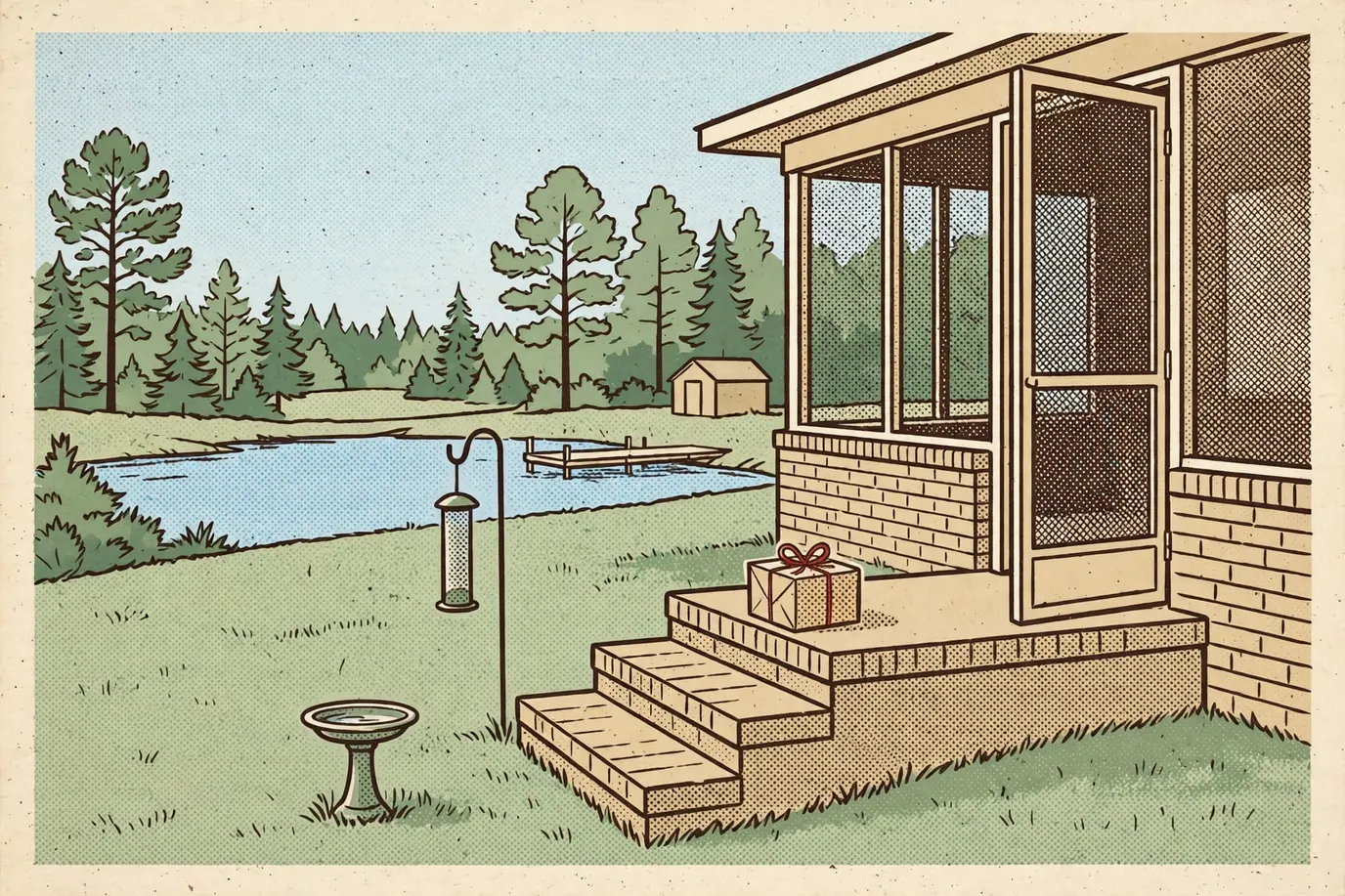 A wrapped gift box on brick porch steps beside a bird bath and a feeder pole, with a pond in the distance