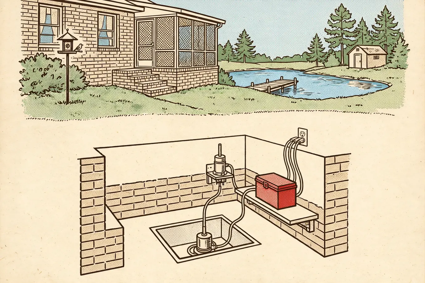Diagram of a sump pit with a main pump, a higher backup pump and a battery box on a shelf beside it