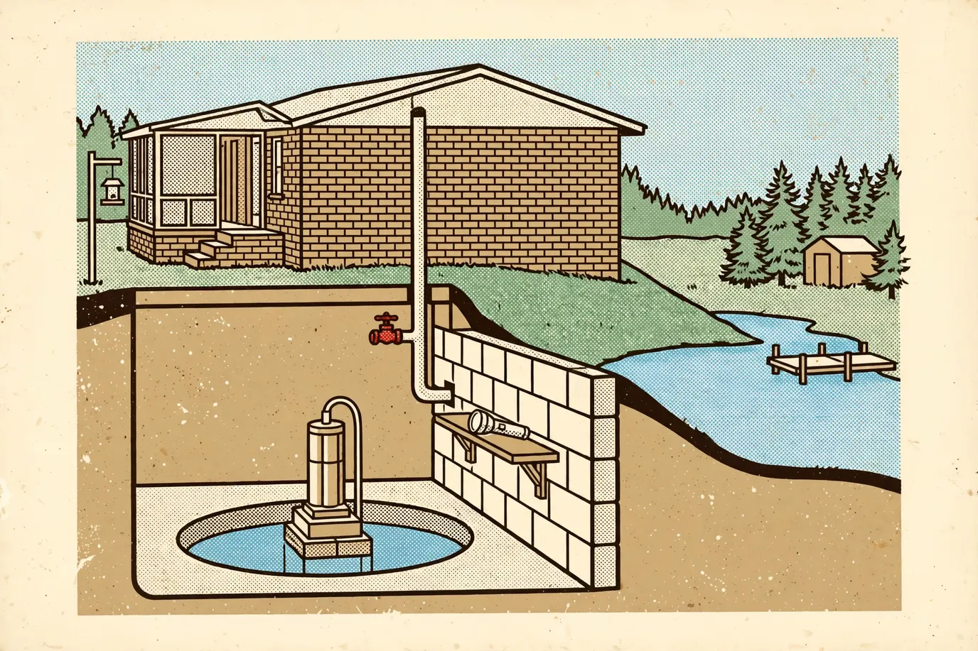 Cross-section of a basement sump pit with a submersible pump and a discharge pipe with a check valve running out to the yard
