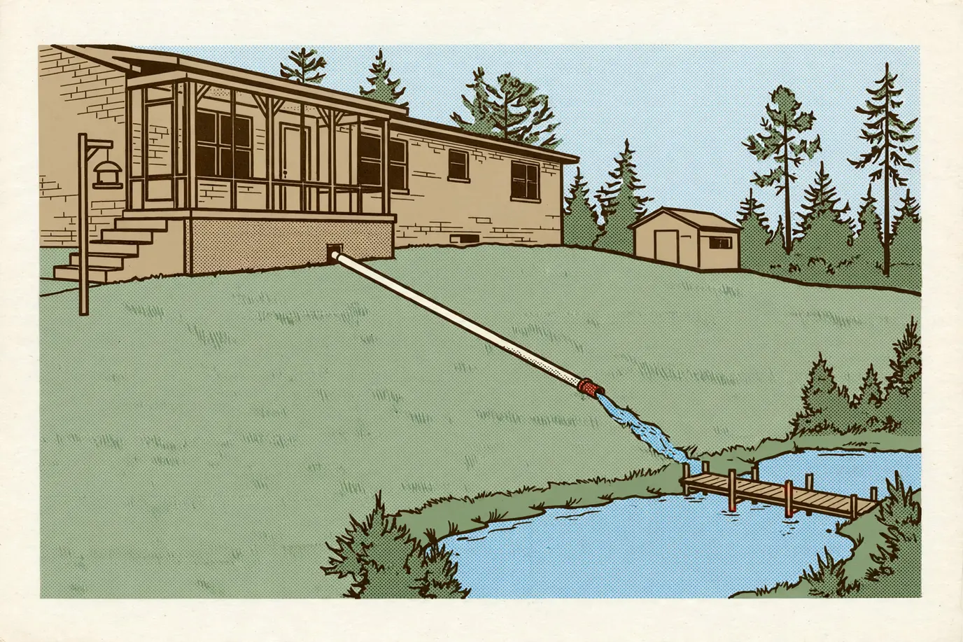 A sump discharge pipe carrying water across the lawn and away from a brick ranch house