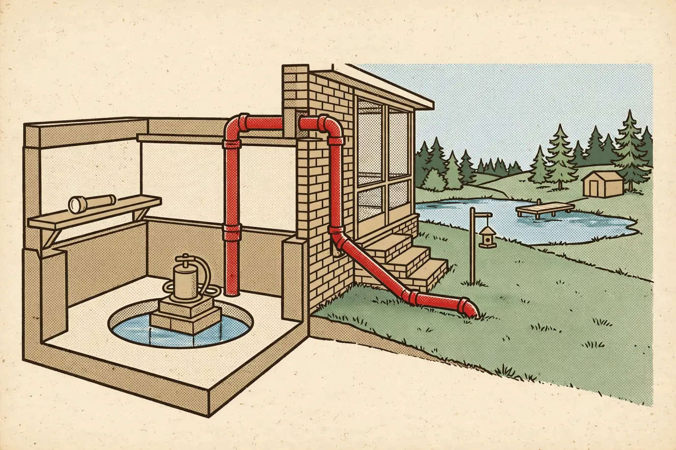 Cross-section of a basement sump pit with a pump and a discharge pipe running up and out to the yard