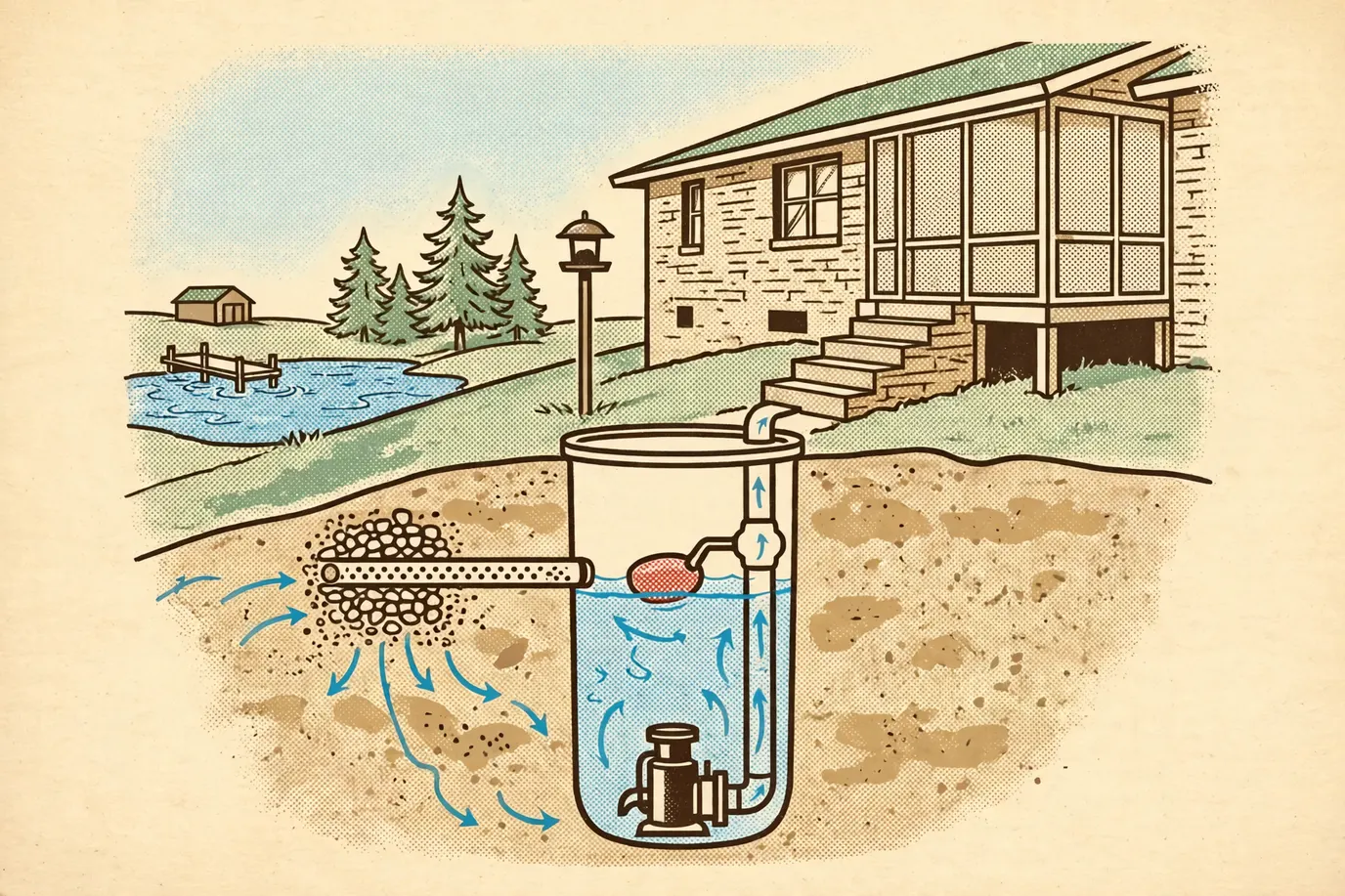 Diagram of a sump pit showing water draining in, the float switch rising, and water pumped up past a check valve