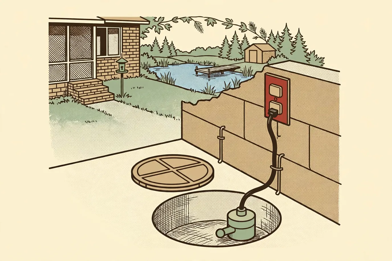 A sump pump cord plugged into a ground-fault protected outlet mounted on the basement wall above the pit