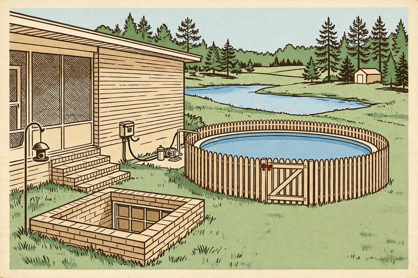 An above-ground pool behind a fence with a closed gate, its pump and filter plugged into a covered outdoor outlet